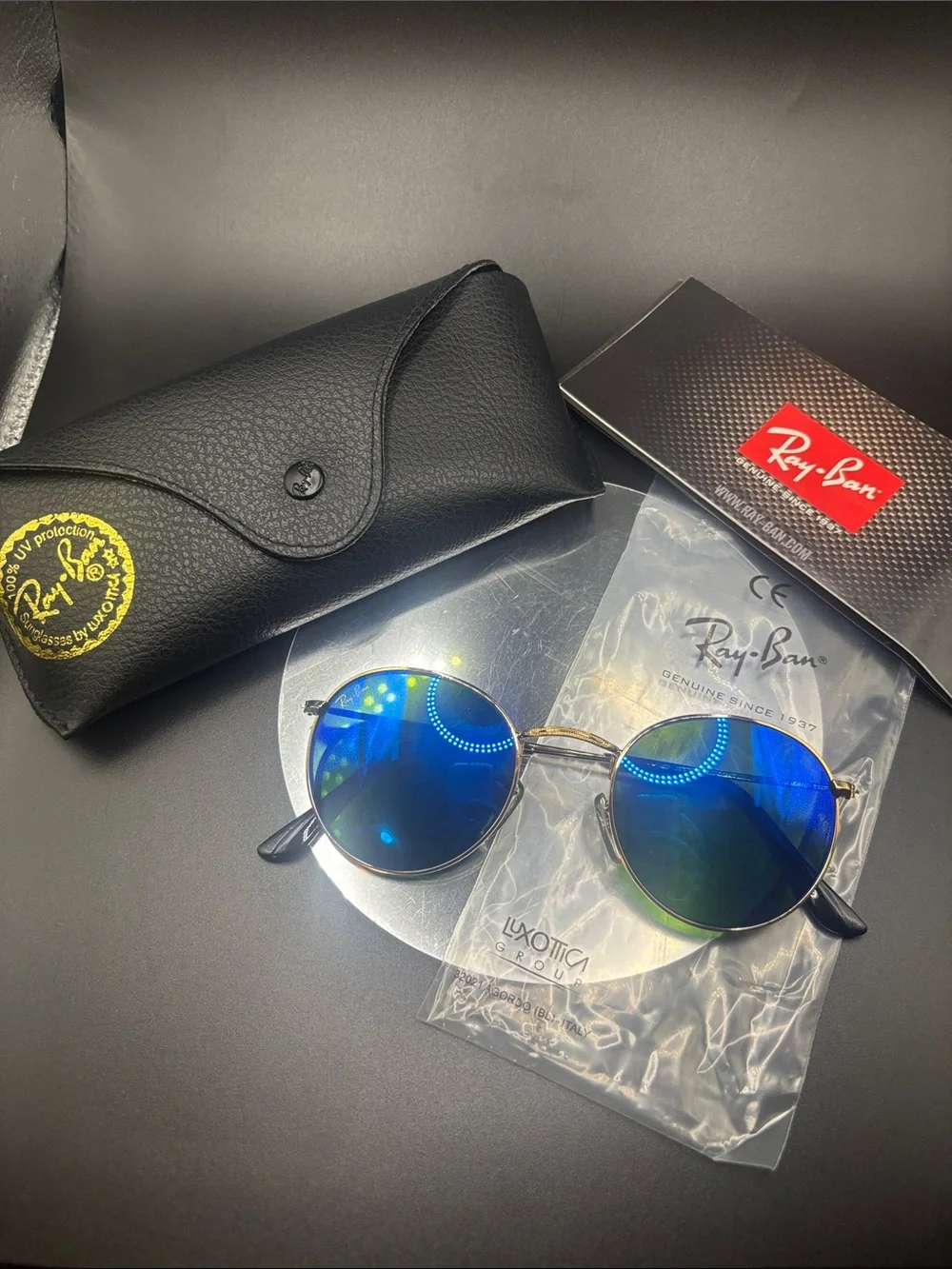 Ray-Ban RB3447 Round Gold Sunglasses Blue Green Mirror Lenses
